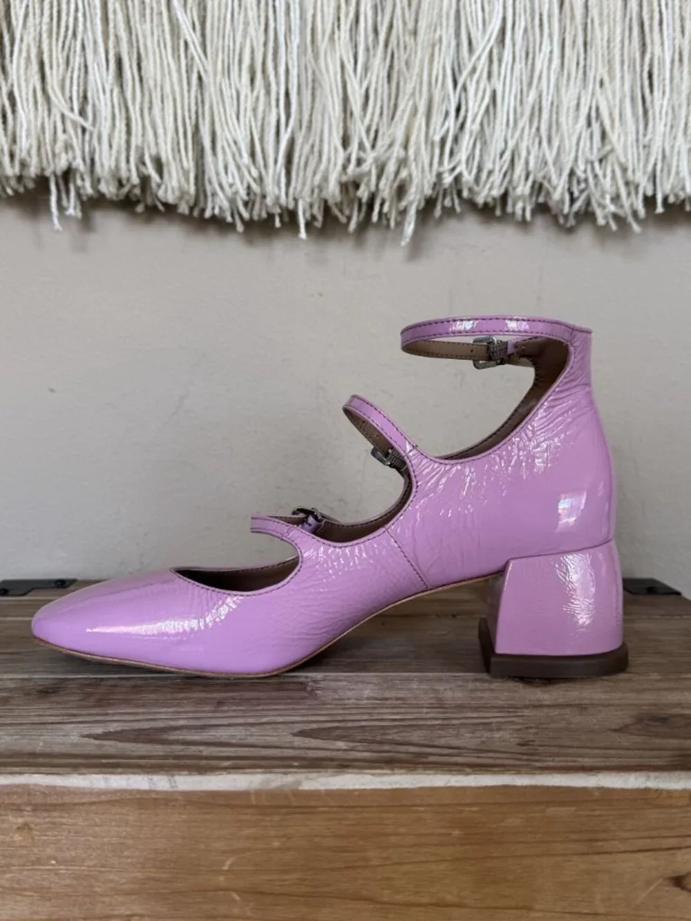 Anthropologie Vincenza Pink Patent Leather Triple Strap Mary Jane Block Heels 6